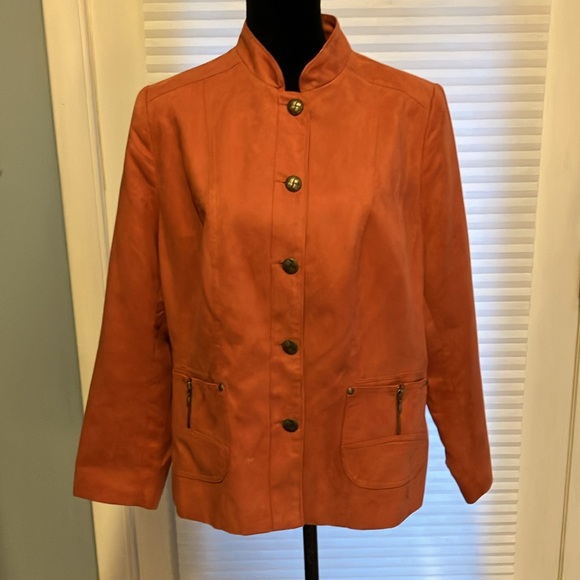 14P Tan Jay Burnt Orange Faux Suede Jacket Metal Buttons Zipper Pockets - Picture 1 of 11